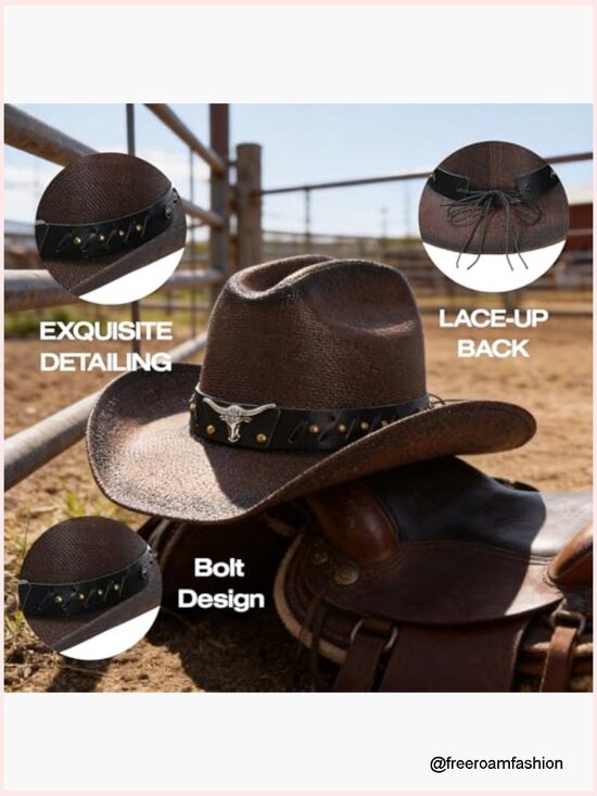 Straw Cowboy Hat with Wide Brim, Sun Protection, Adjustable Fit for Rodeo or